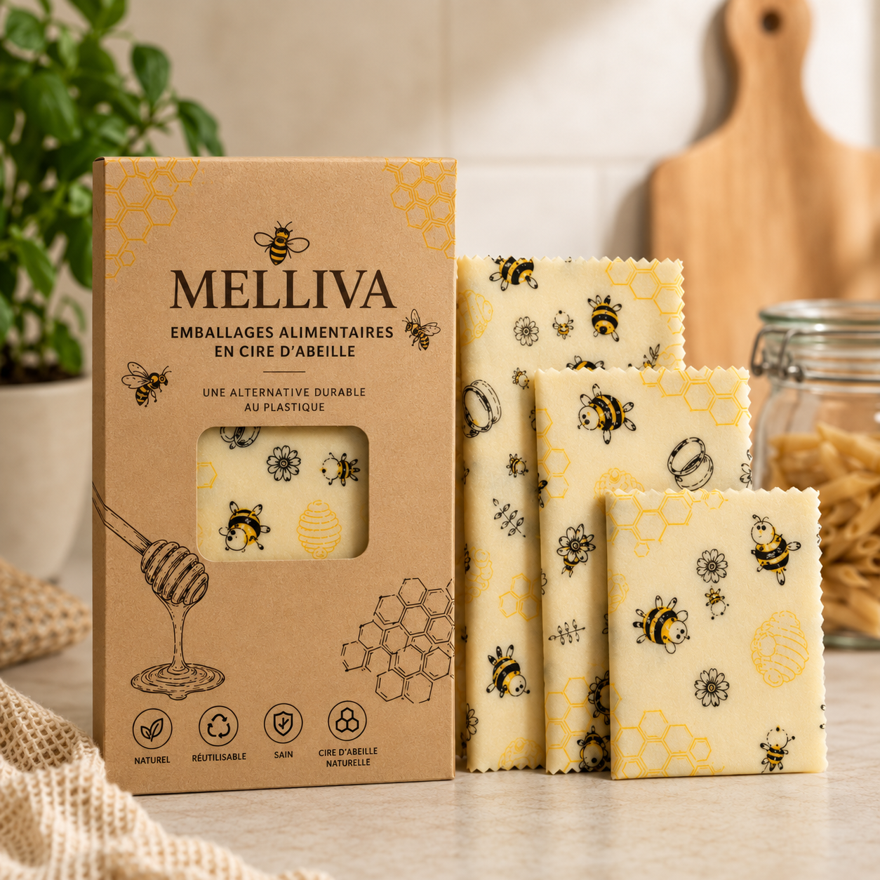 Lot de 3 Emballages alimentaires en cire d'abeille - Bee-Wraps Melliva
