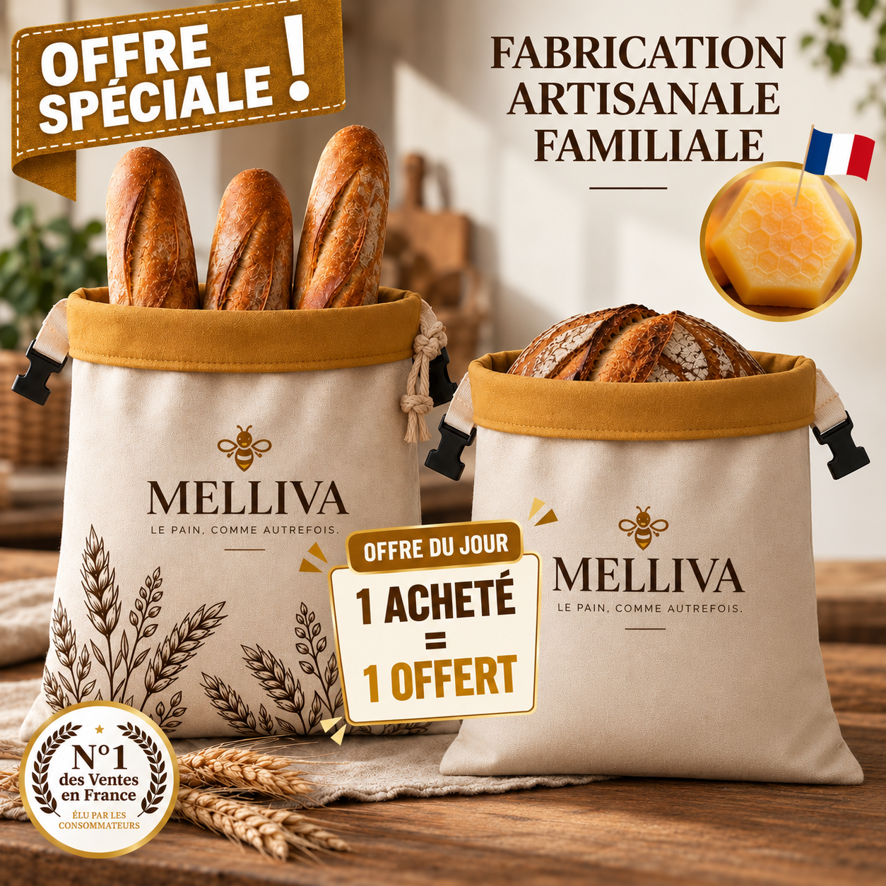Sacs Melliva Premium en cire d'abeille & coton 100 % — Lavables, pour une conservation naturelle